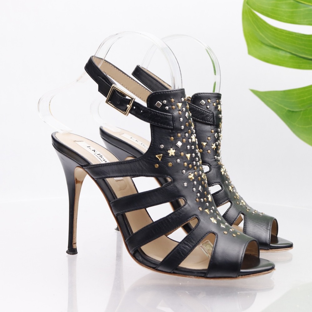LK Bennett Womens Sandals Size 37 6 Black Studded Strappy Slingback Heels Shoes